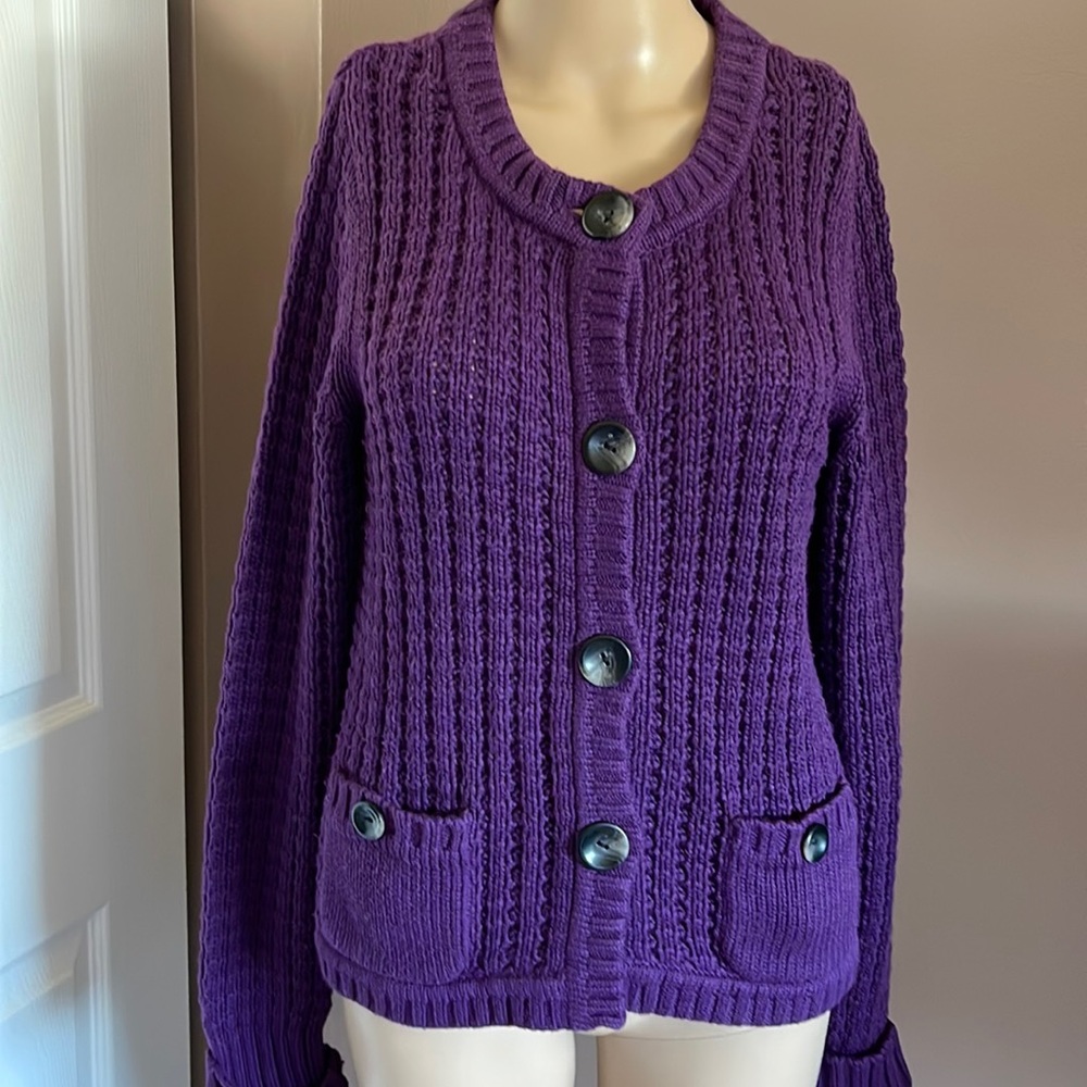 Eddie Bauer Deep Purple Color Button Front Long Sleeve Sweater Size M EUC